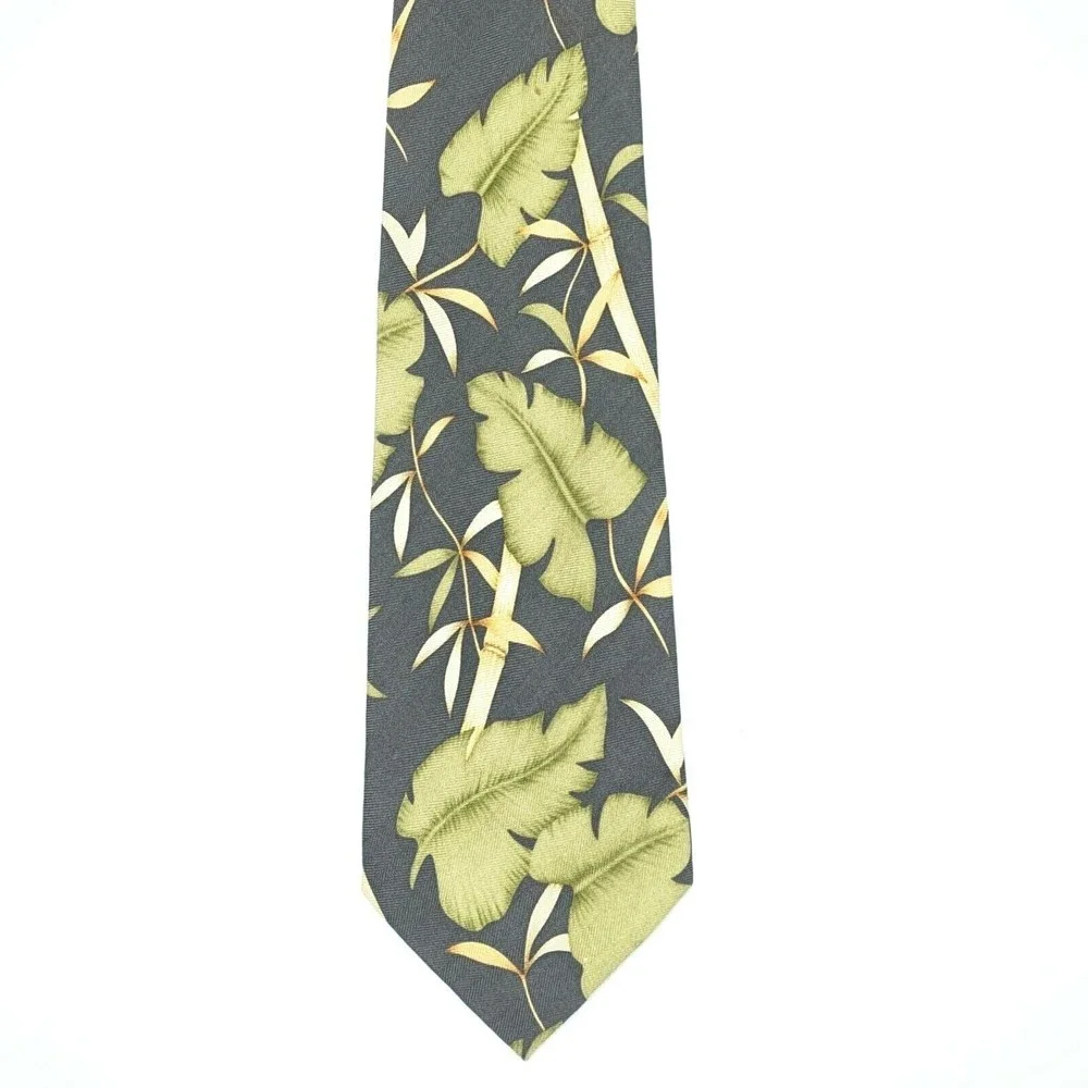 TOMMY BAHAMA Tie Gray Green Leaves Bamboo 100% Silk Hand Made Mens Necktie
